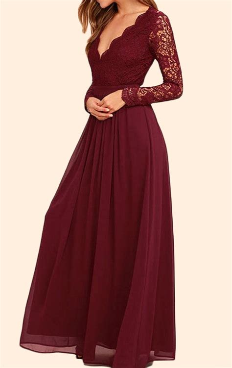 Macloth Long Sleeves V Neck Lace Chiffon Long Prom Dress Burgundy Even