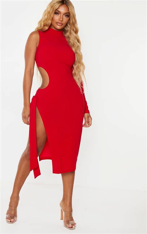 red one sleeve cut out midi dress prettylittlething usa