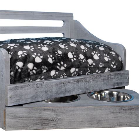 Sassy Paws Multipurpose Wooden Pet Bed With Feeder Charcoal Gray