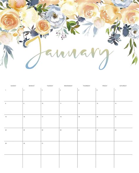 Printable Floral January 2023 Calendar Printable World Holiday Free