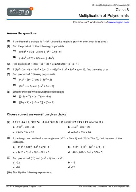 Polynomial Multiplication Worksheet