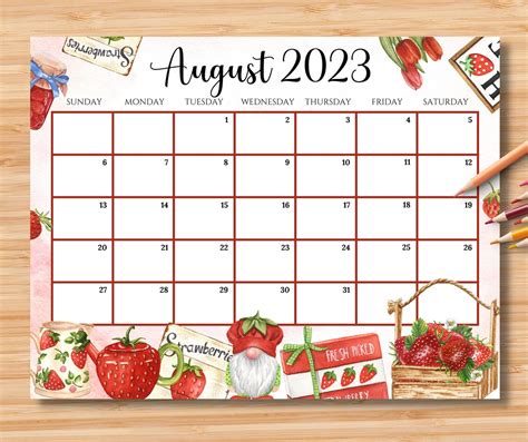 Editable August 2023 Calendar Beautiful Colorful Summer With Etsy