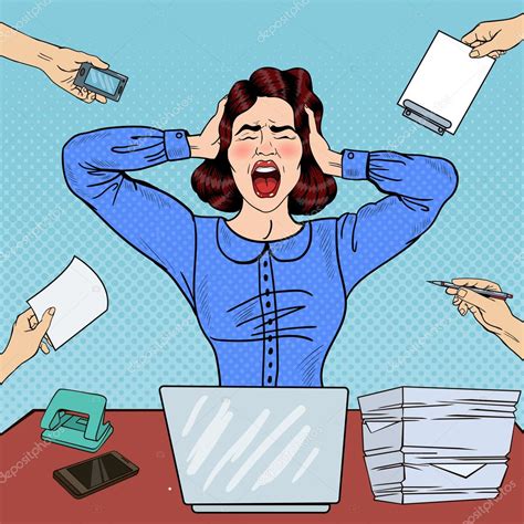 pop art angry mujer frustrada gritando en el trabajo de oficina ilustración vectorial vector