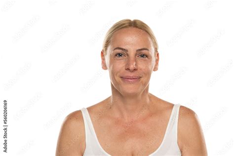Smiling Senior Woman Without Make Up Close Up Face Of A Mature Blonde