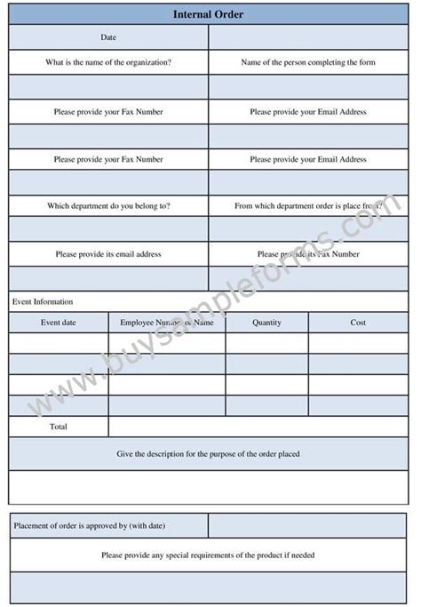 Internal Order Form Template Sample Word Example