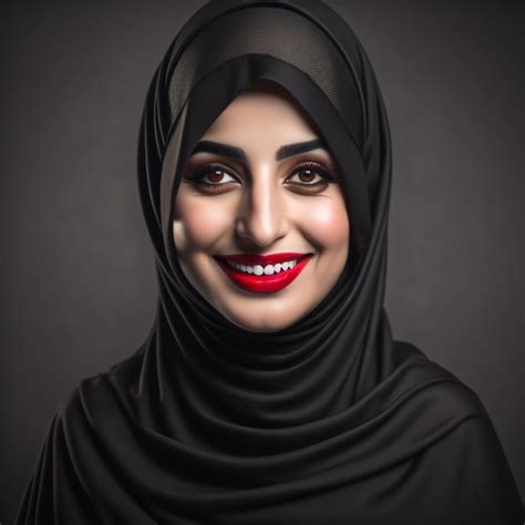 premium ai image beautiful arab girl wearing black burqa with smiling red lipstick on lips