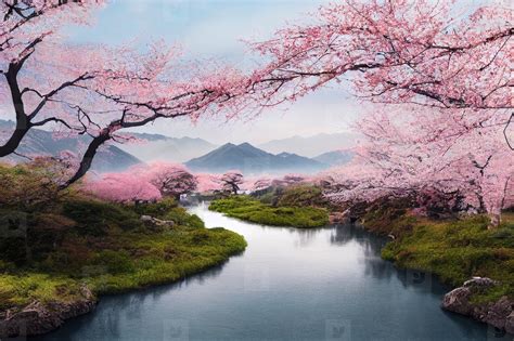 Beautiful Landscape Of Mountain And Blooming Cherry Blossoms In Stock