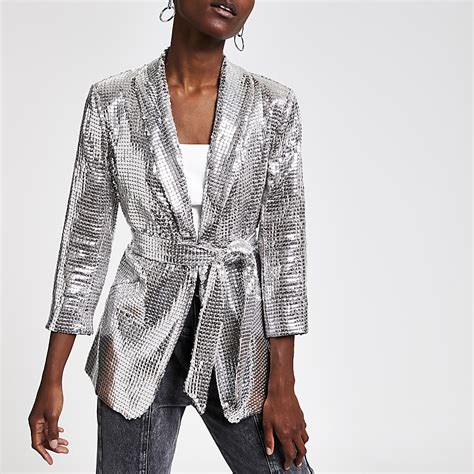 Silver sequin embellished belted jacket | River Island