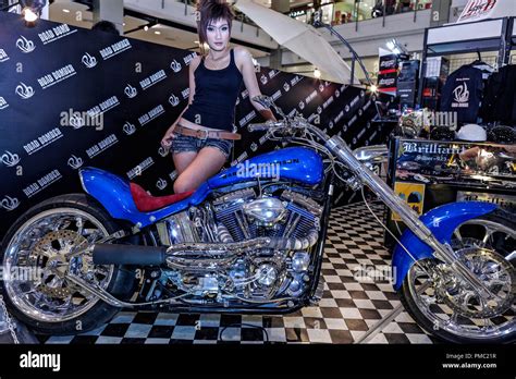 Woman Posing Motorbike Harley Davidson Customized Chopper Motorcycle