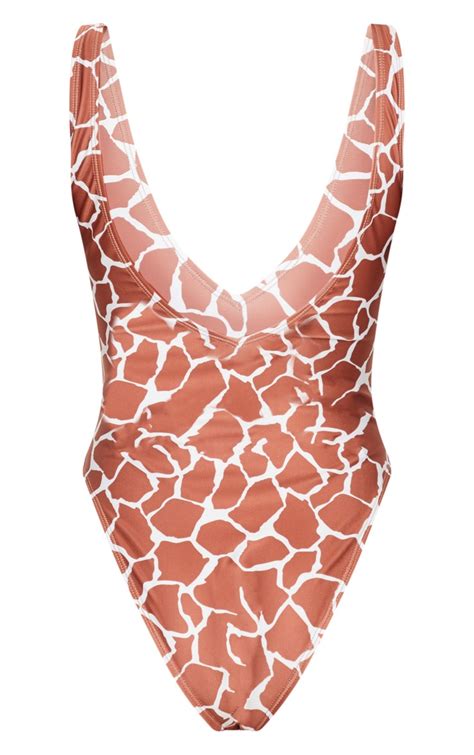 Brown Giraffe Print High Leg Plunge Swimsuit Prettylittlething Usa