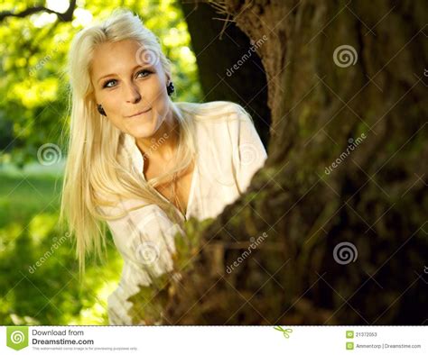 Pretty Woman Hiding Behind Tree Stock Image Image Of Girl Hiding 21372053