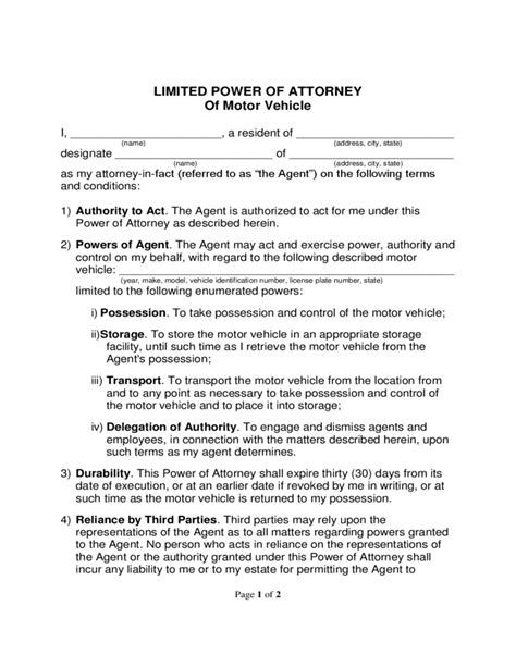 Limited Power Of Attorney Of Motor Vehicle Free Download