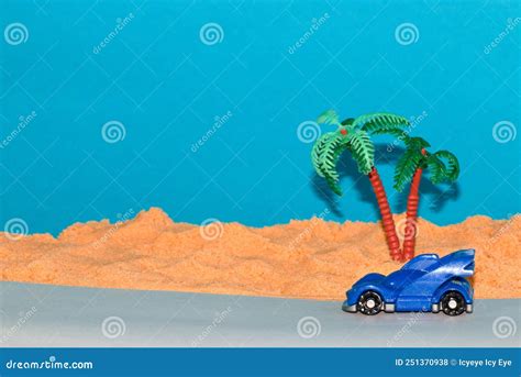 Blue Car Driving On The Road Next To The Beach Creative Summer Design
