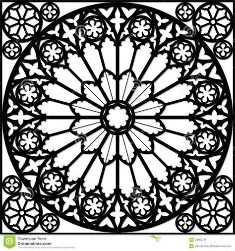 Black and white stained glass window drawing. Gothic rose window stock illustration. Image of design ...