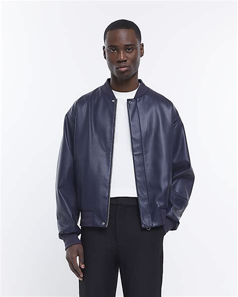 Navy Faux Leather Bomber Jacket River Island