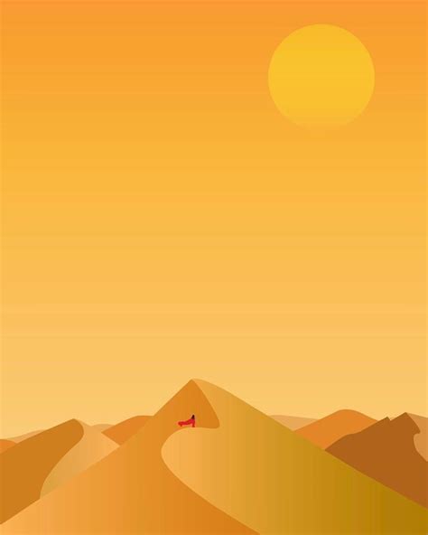 A Desert Scene With A Lone Red Bird Sitting On The Top Of A Hill At Sunset