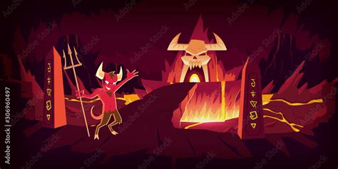 Hell Landscape Cartoon Vector Illustration Infernal Devil Stone Cave