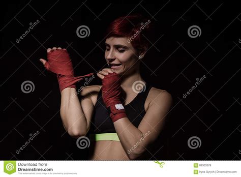 Woman Is Wrapping Hands With Red Boxing Wraps Stock Photo Image Of