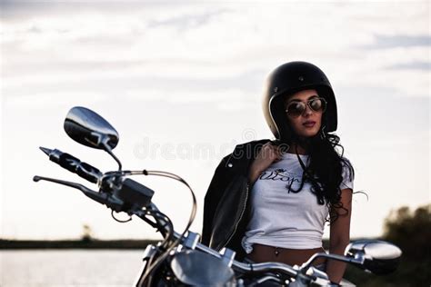 Beautiful Motorcycle Brunette Woman With A Classic Motorcycle C Stock Image Image Of Fashion