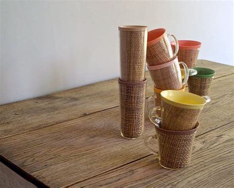 Vintage Collection Of Raffia Beverage Cups 1960s 70s Summer Raffia Drinking Cups Retro Tiki