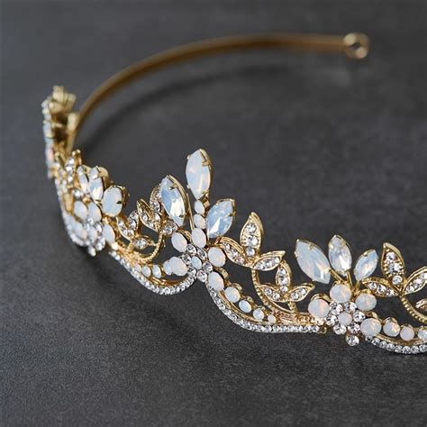 14k Gold Opal And Clear Crystal Vintage Look Wedding Tiara Gold Hair