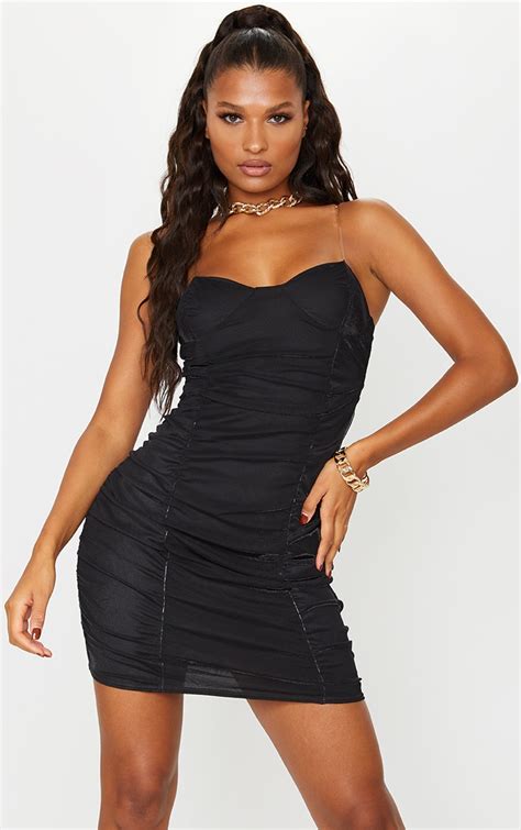 Black Mesh Ruched Clear Strap Bodycon Dress Prettylittlething