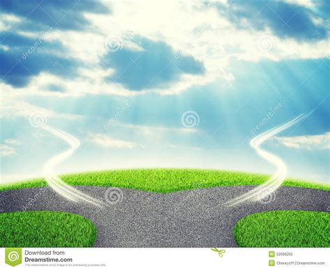 Road Fork And Green Grass Field Sky With Clouds Stock Photo Image Of
