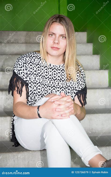 Pretty Teenager Blond Girl Sit On Street Stairs Stock Image Image Of