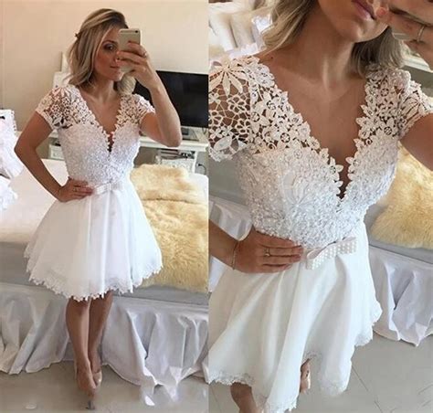 white 2018 elegant cocktail dresses a line v neck cap sleeves short mini lace pearls party plus