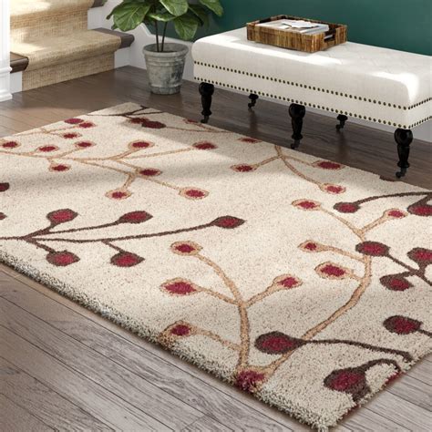 Charlton Home Millwood Floral Handmade Tufted Wool Camelbeigeburgundy