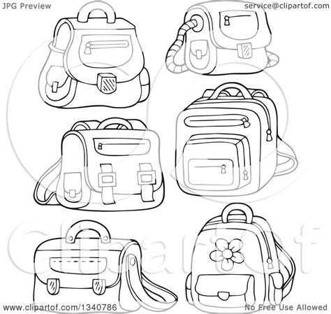 Lineart Clipart Of Cartoon Black And White School Bags Royalty Free