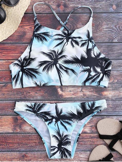1533 High Neck Palm Tree Print Bikini Set Multicolor M Swimsuits