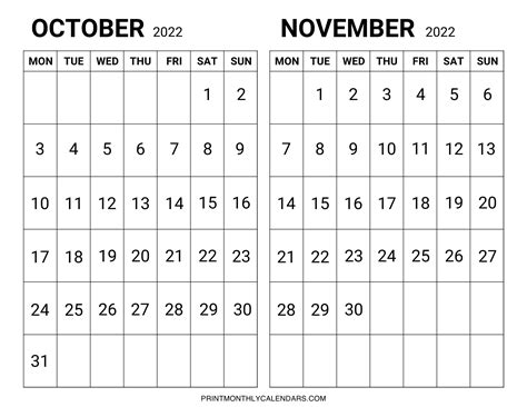 October November 2022 Calendar