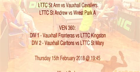 This Week Matches Monday 12th Feb 2018 For Lttc Luton Ttc