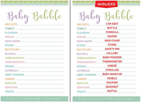 Quickly unscramble the baby words below: Free & Cute Baby Shower Word Scramble - Tulamama