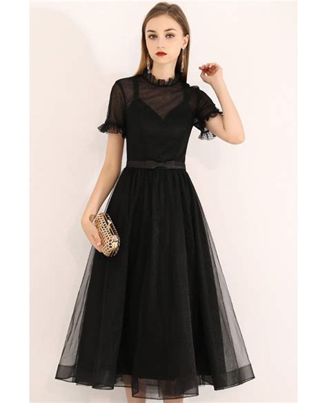 Vintage Black Tulle Tea Length Party Dress With Short Sleeves Bls97029