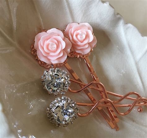 Rose Gold Pink Blush Crystals Flower Wedding Hair Pins Barrettes Bridal