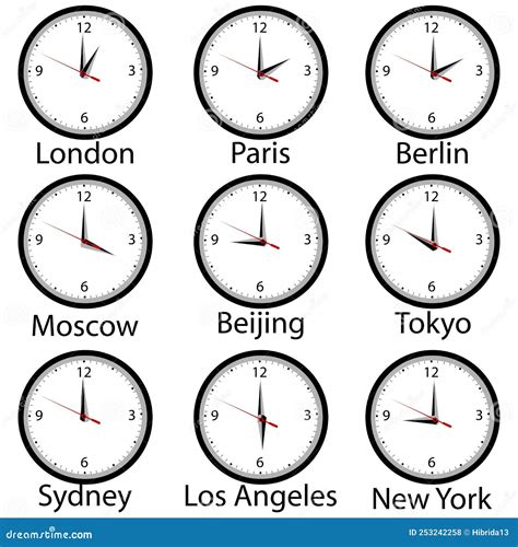 Set Of Clocks Showing The Time Difference In Different Time Zones