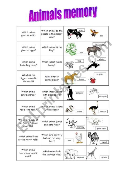 English Worksheets Animals Memory