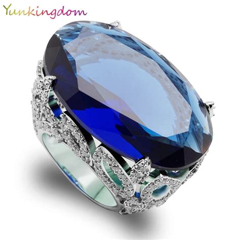 Yunkingdom Luxury Big Oval Blue Cubic Zirconia Wedding Fine Rings Banquet Party Queen Jewelry In