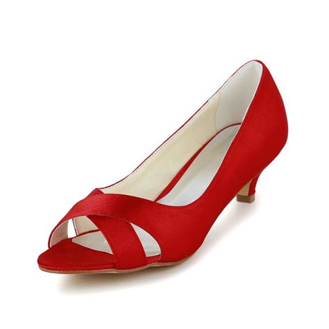 Simple Peep Toe Red Satin Kitten Heels Pumps Bridal Wedding Shoes