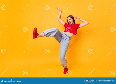 Full Size Photo Of Crazy Dancing Lady Raise Leg Youth Moves Wear Red