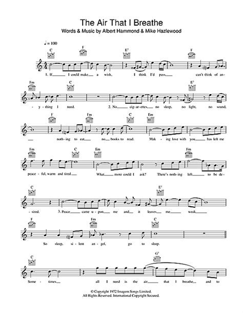 The Hollies The Air That I Breathe Sheet Music And Printable Pdf