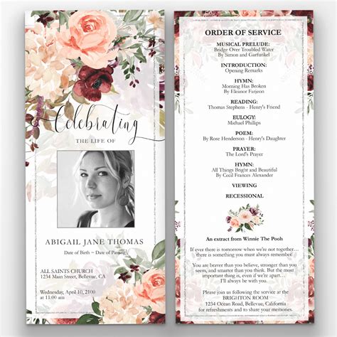 Funeral Program Template Mixed Florals And Faux Silver Border 4x9