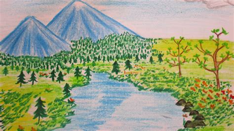 How To Draw Landscape Of A River Mountains Trees And Flowers Scenery