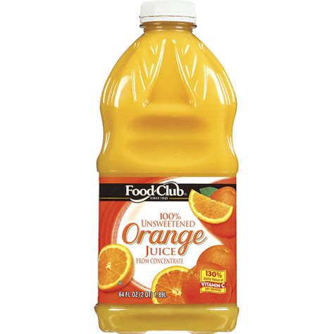 Food Club Unsweetened Orange 100 Juice 64 Oz Plastic Bottle Orange