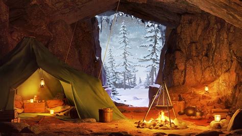 Winter Cave Ambience Snowstorm Howling Wind And Fireplace Sounds For