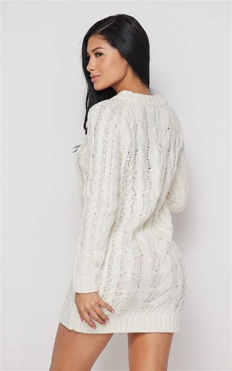 Cable Knit Mini Sweater Dress Ivory