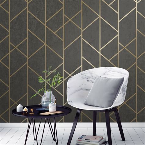 Milan Geo Metallic Wallpaper Charcoal Gold Metallic Wallpaper
