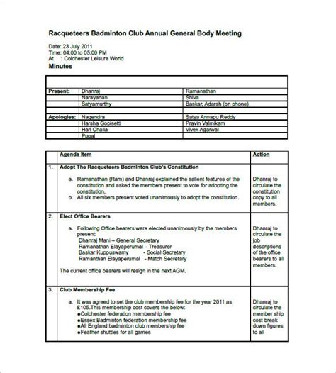 To illustrate what meeting minutes are, below are two sample documents created from templates. Club Meeting Minutes Template - 9+ Free Sample, Example ...